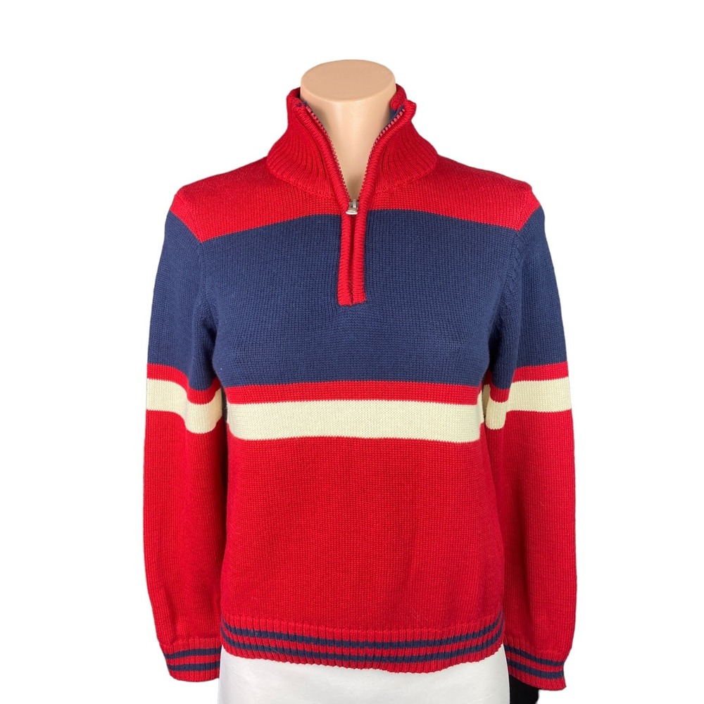 Nautica Red Navy Cream Striped Half-Zip Turtleneck Sweater